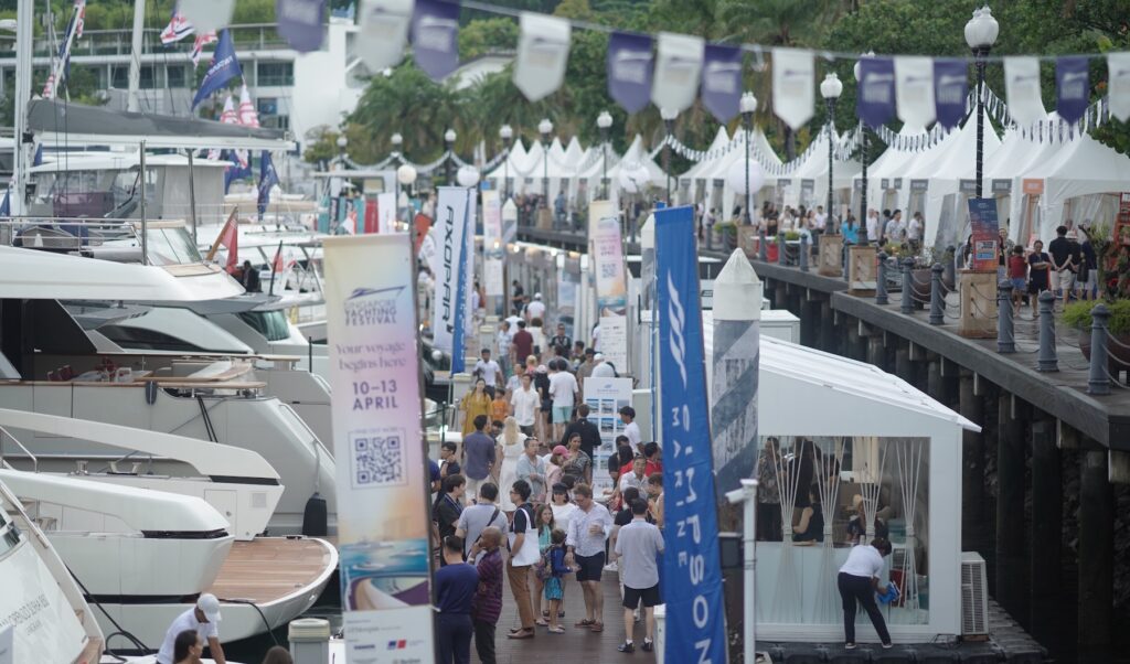 Singapore Yachting Festival 2026 drone shot. busy docks